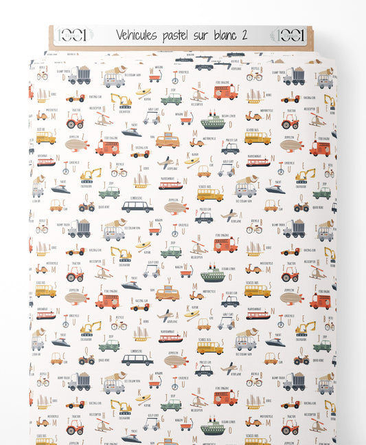 Tissu - Véhicules pastel sur blanc 2