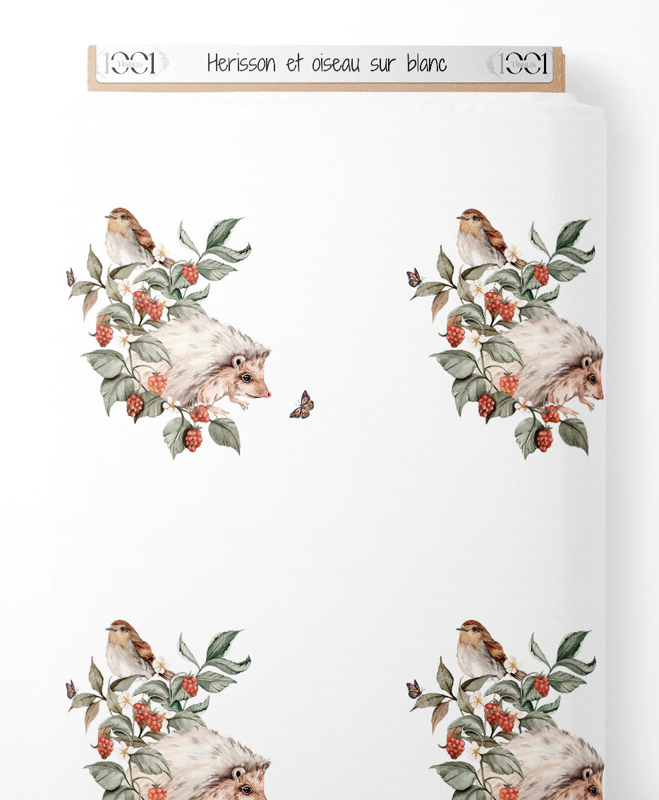 Tissu - Hérisson et oiseau sur blanc