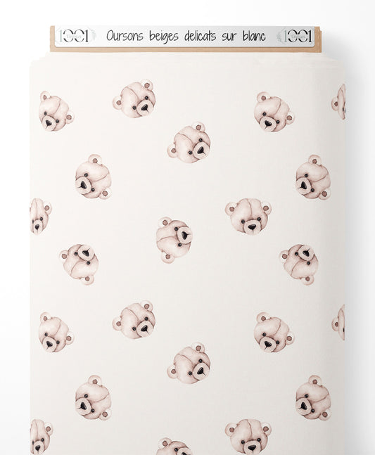 Tissu - Oursons beiges délicats sur blanc
