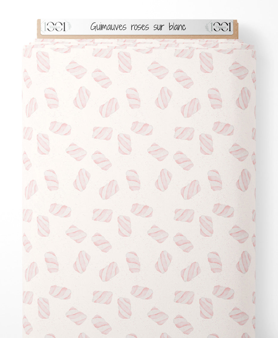 Tissu - Guimauves roses sur blanc