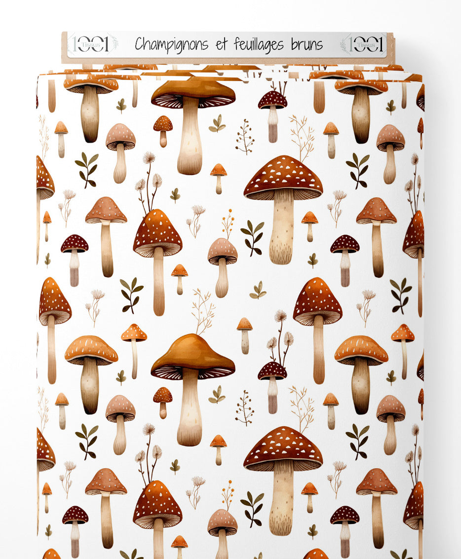 Tissu - Champignons et feuillages bruns