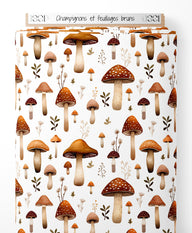 Tissu - Champignons et feuillages bruns