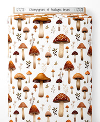 Tissu - Champignons et feuillages bruns