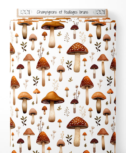 Tissu - Champignons et feuillages bruns