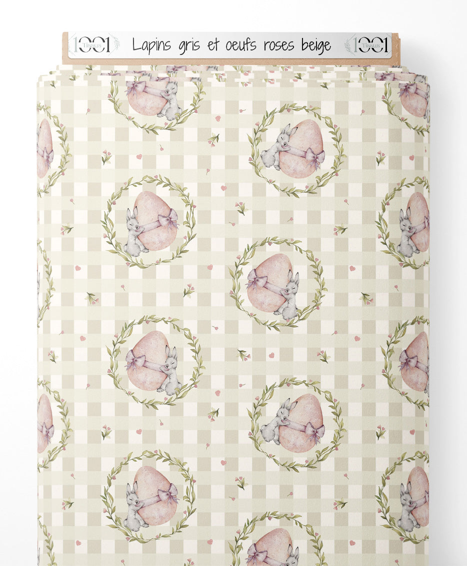 Tissu - Lapins gris et œufs roses beige