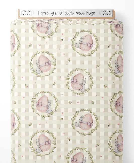 Tissu - Lapins gris et œufs roses beige