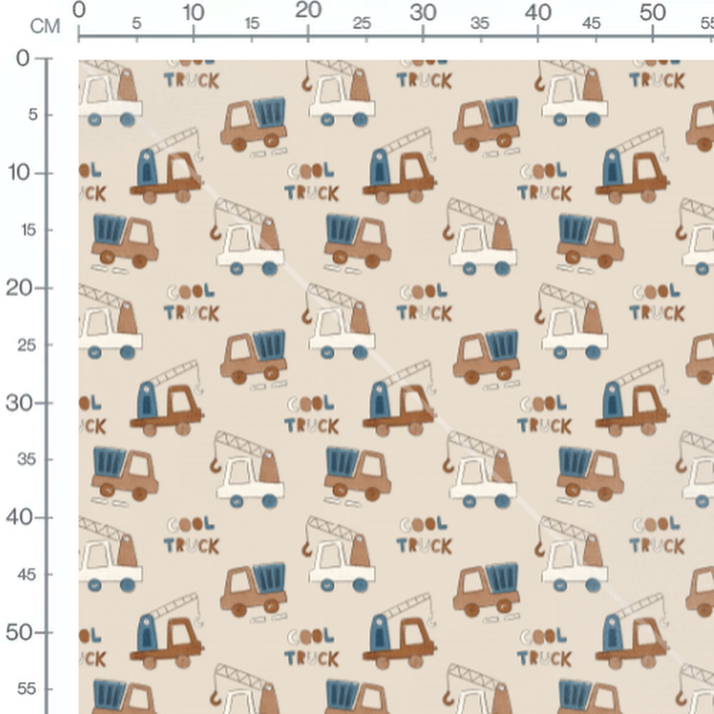 Tissu - Camions marron sur fond beige