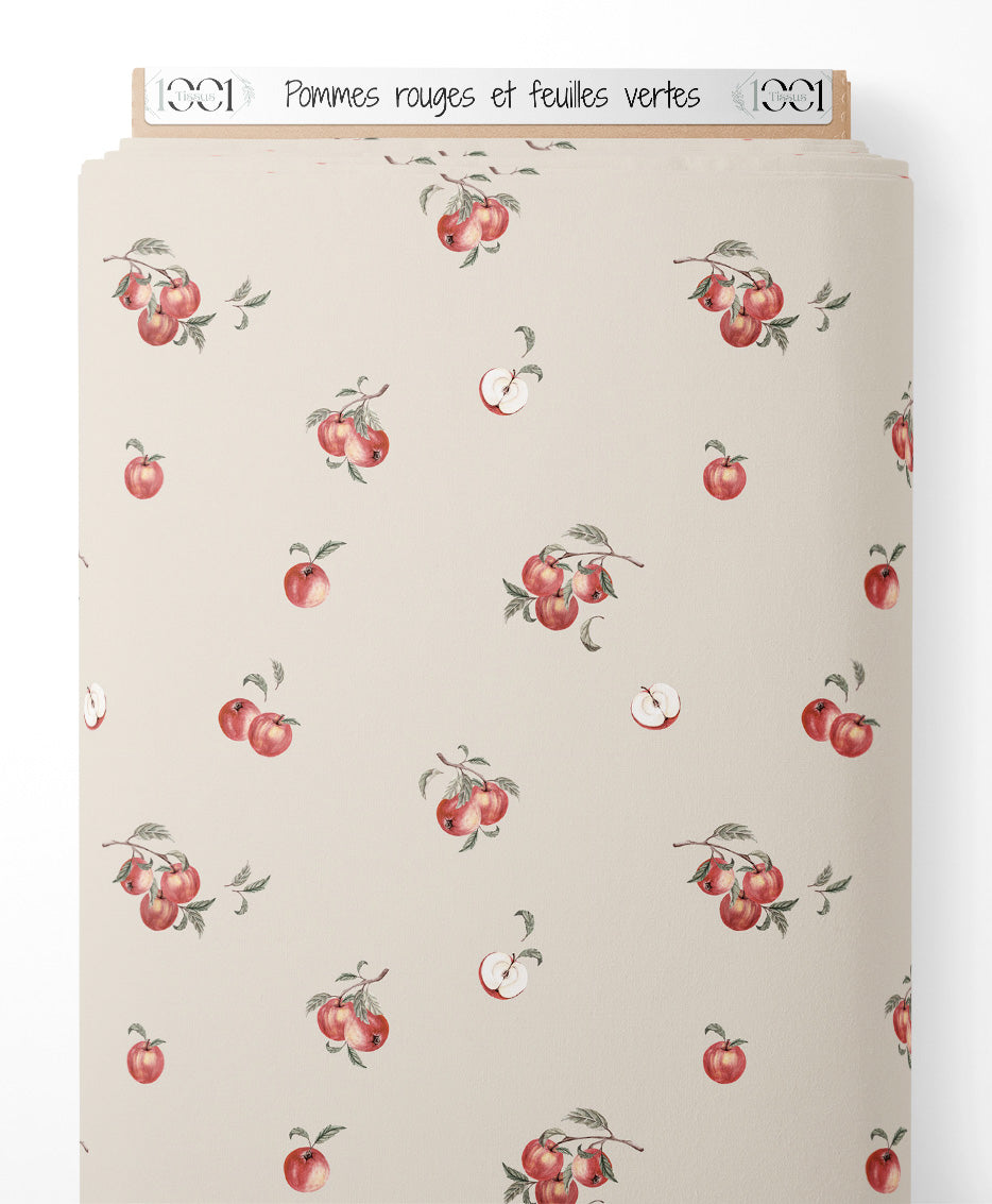 Tissu - Pommes rouges et feuilles vertes