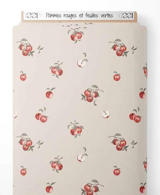 Tissu - Pommes rouges et feuilles vertes
