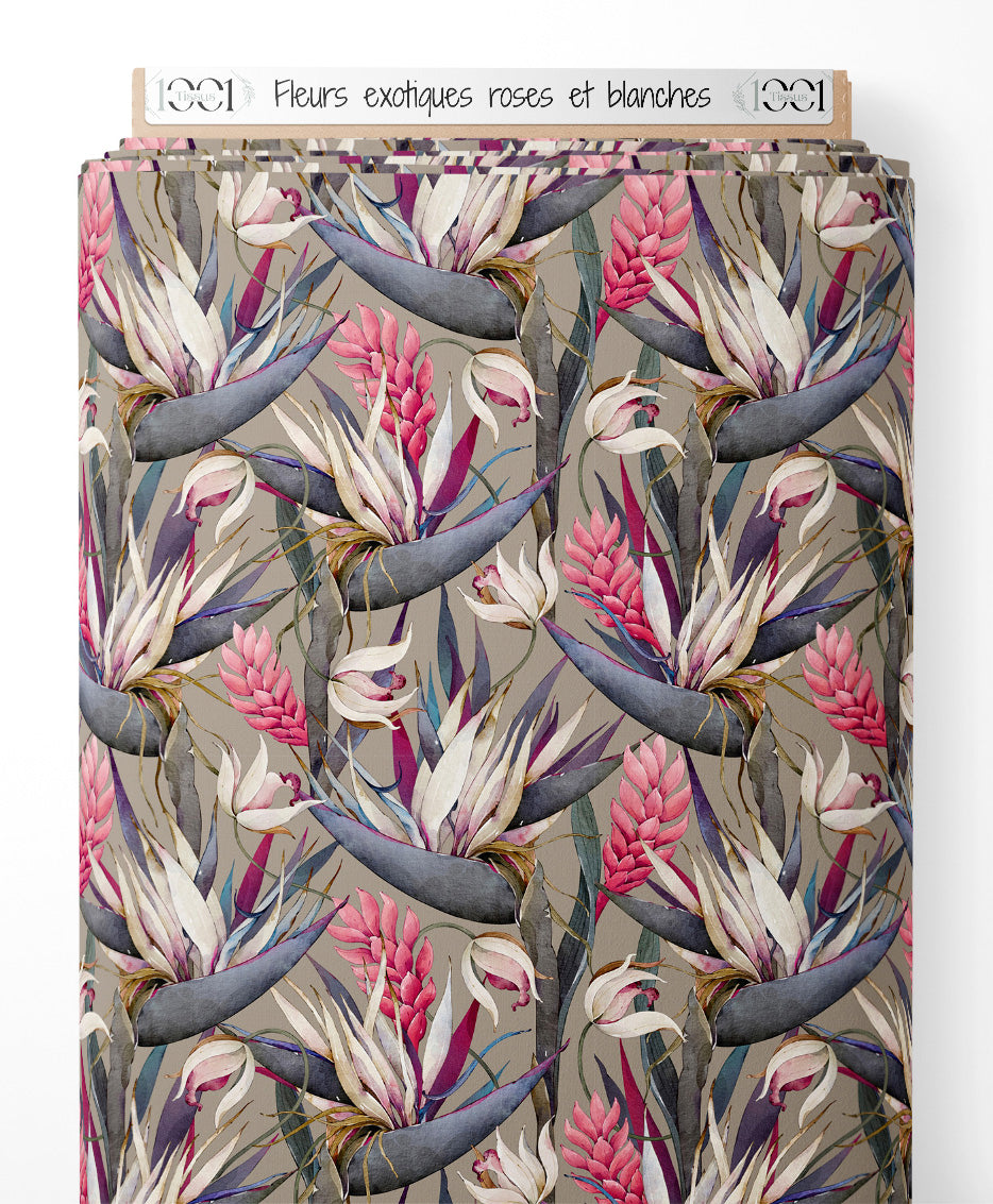 Tissu - Fleurs exotiques roses et blanches