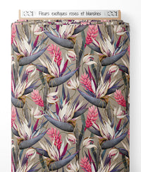 Tissu - Fleurs exotiques roses et blanches