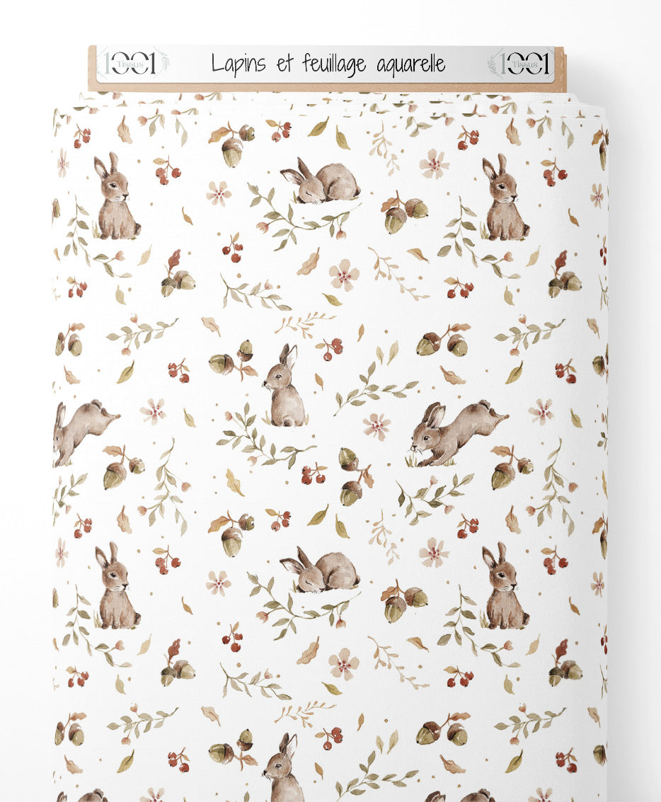 Tissu - Lapins et feuillage aquarelle