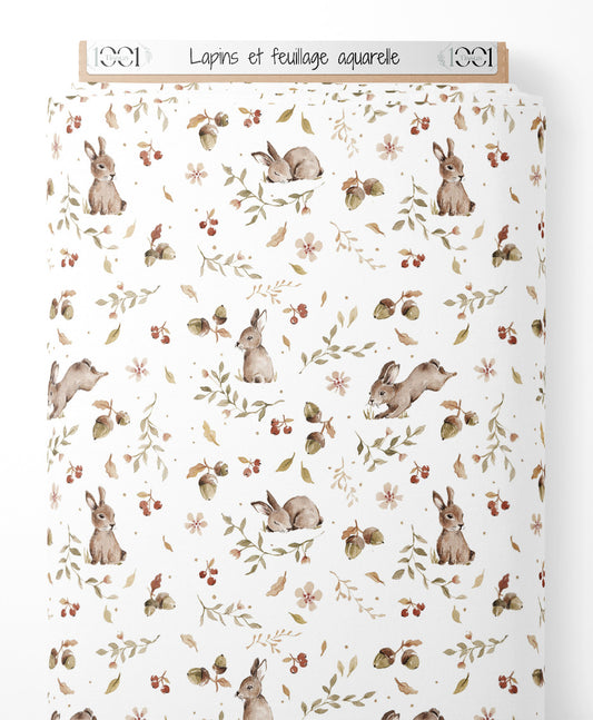 Tissu - Lapins et feuillage aquarelle