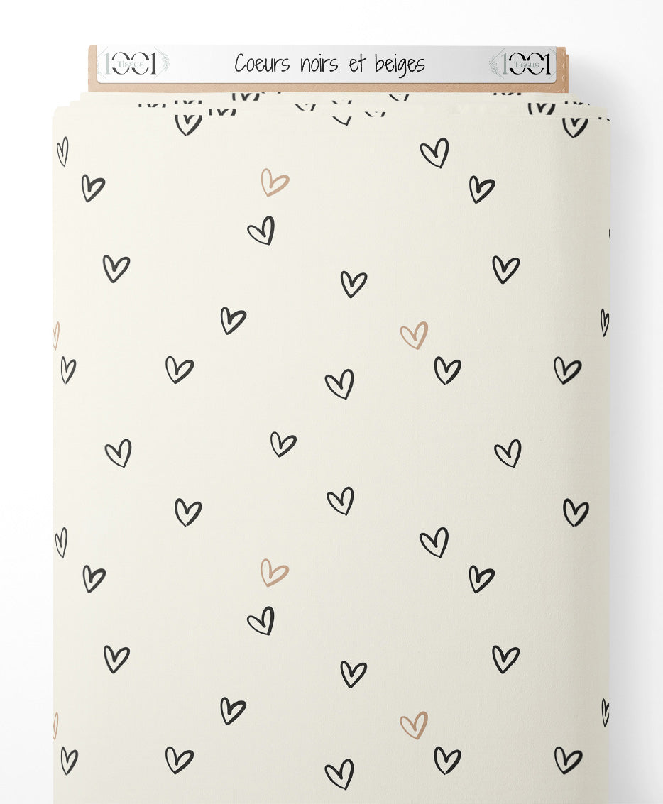 Tissu - Cœurs noirs et beiges