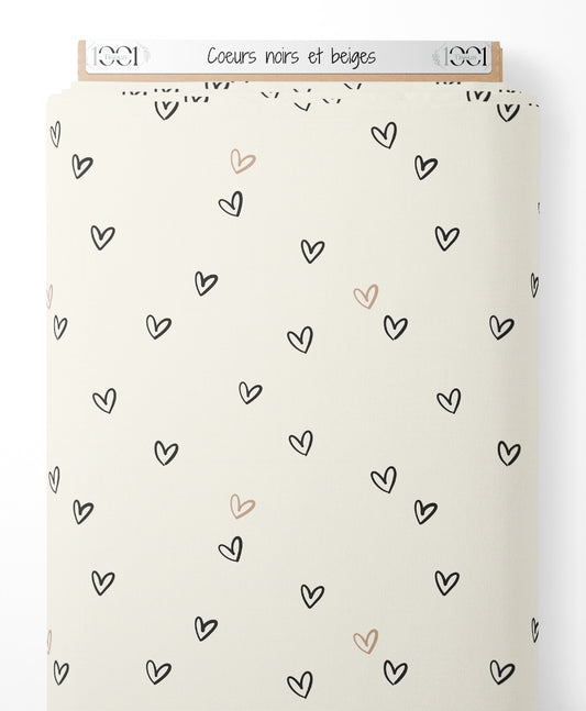 Tissu - Cœurs noirs et beiges