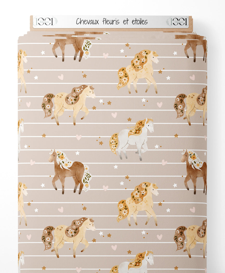 Tissu - Chevaux fleuris et étoiles