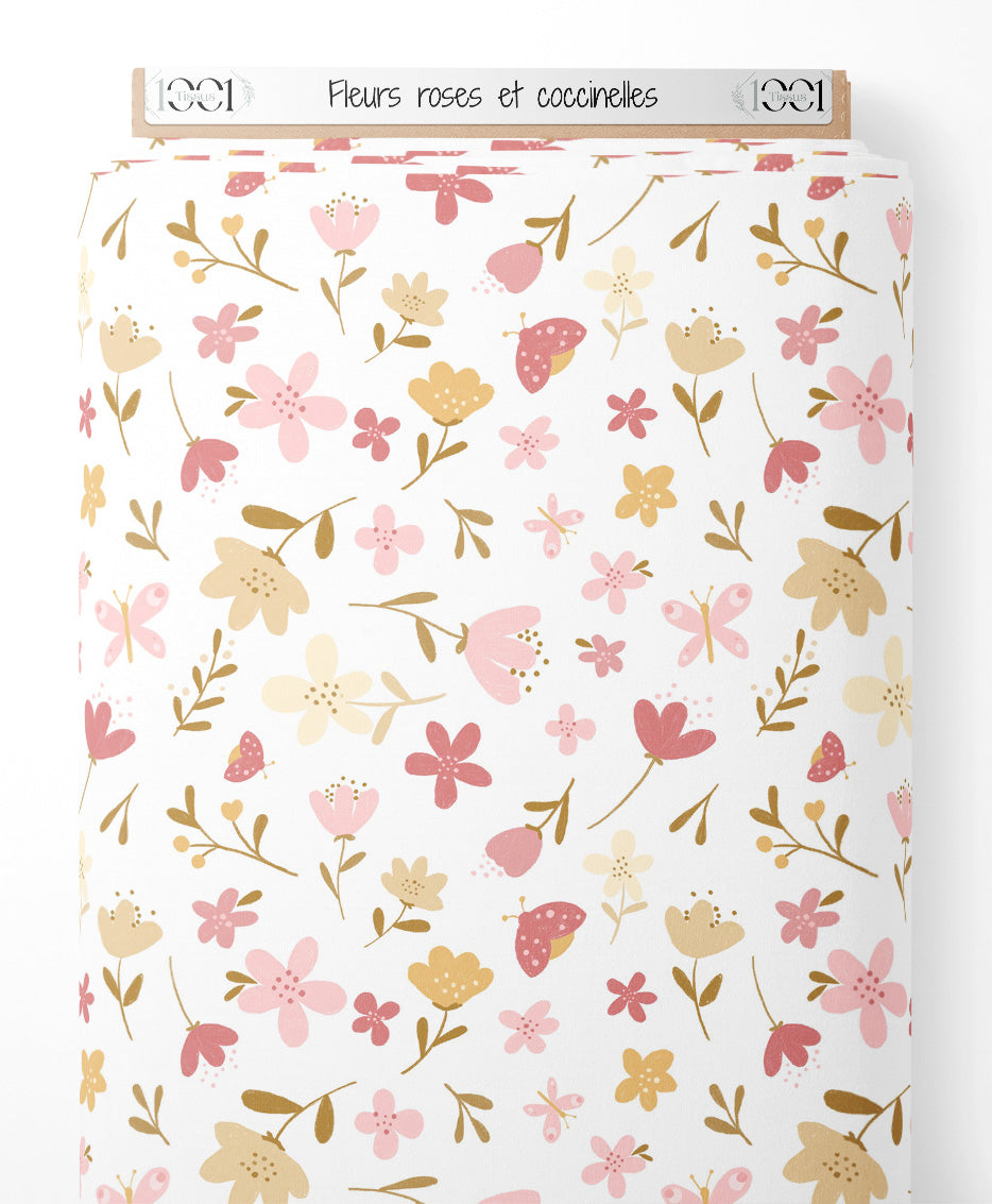 Tissu - Fleurs roses et coccinelles