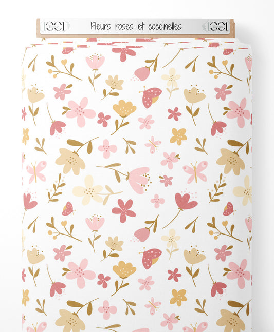 Tissu - Fleurs roses et coccinelles