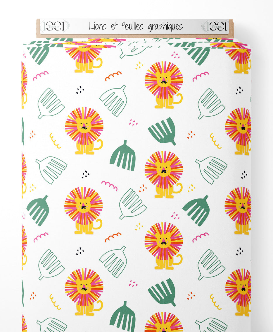 Tissu - Lions et feuilles graphiques