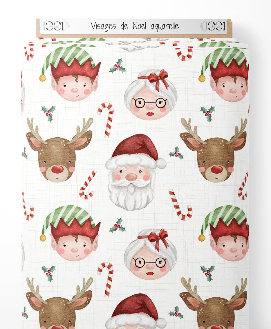 Tissu - Visages de Noël aquarelle