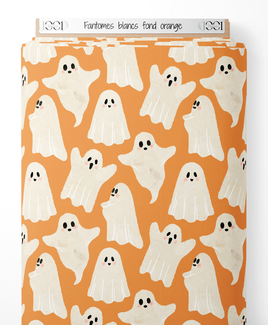 Tissu - Fantômes blancs sur fond orange