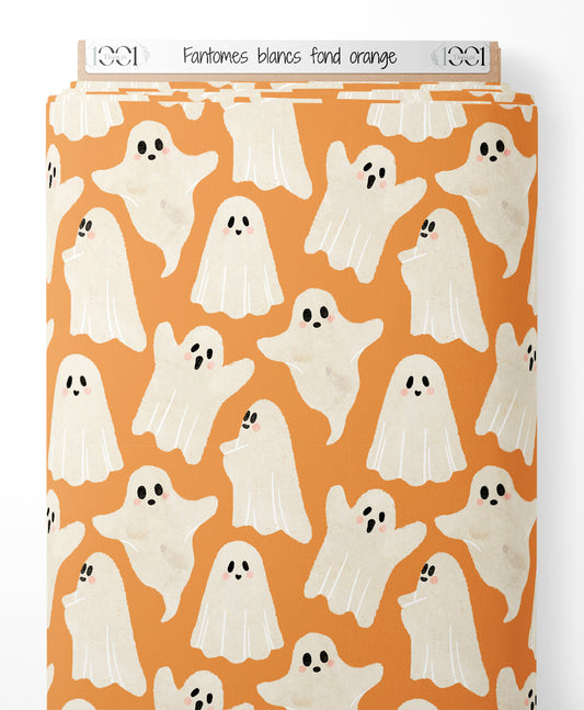 Tissu - Fantômes blancs sur fond orange