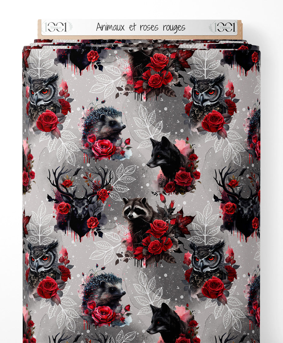 Tissu - Animaux et roses rouges