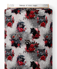 Tissu - Animaux et roses rouges