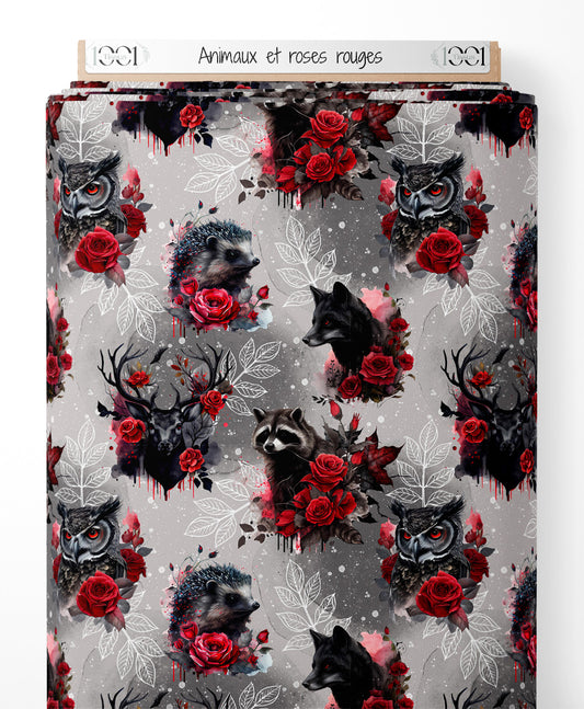 Tissu - Animaux et roses rouges