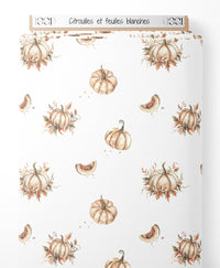 Tissu - Citrouilles et feuilles blanches