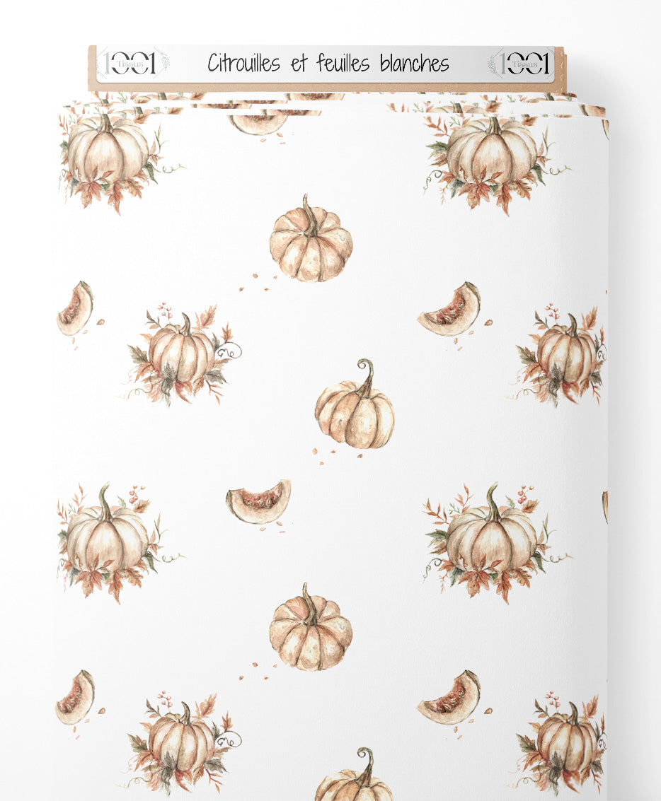 Tissu - Citrouilles et feuilles blanches