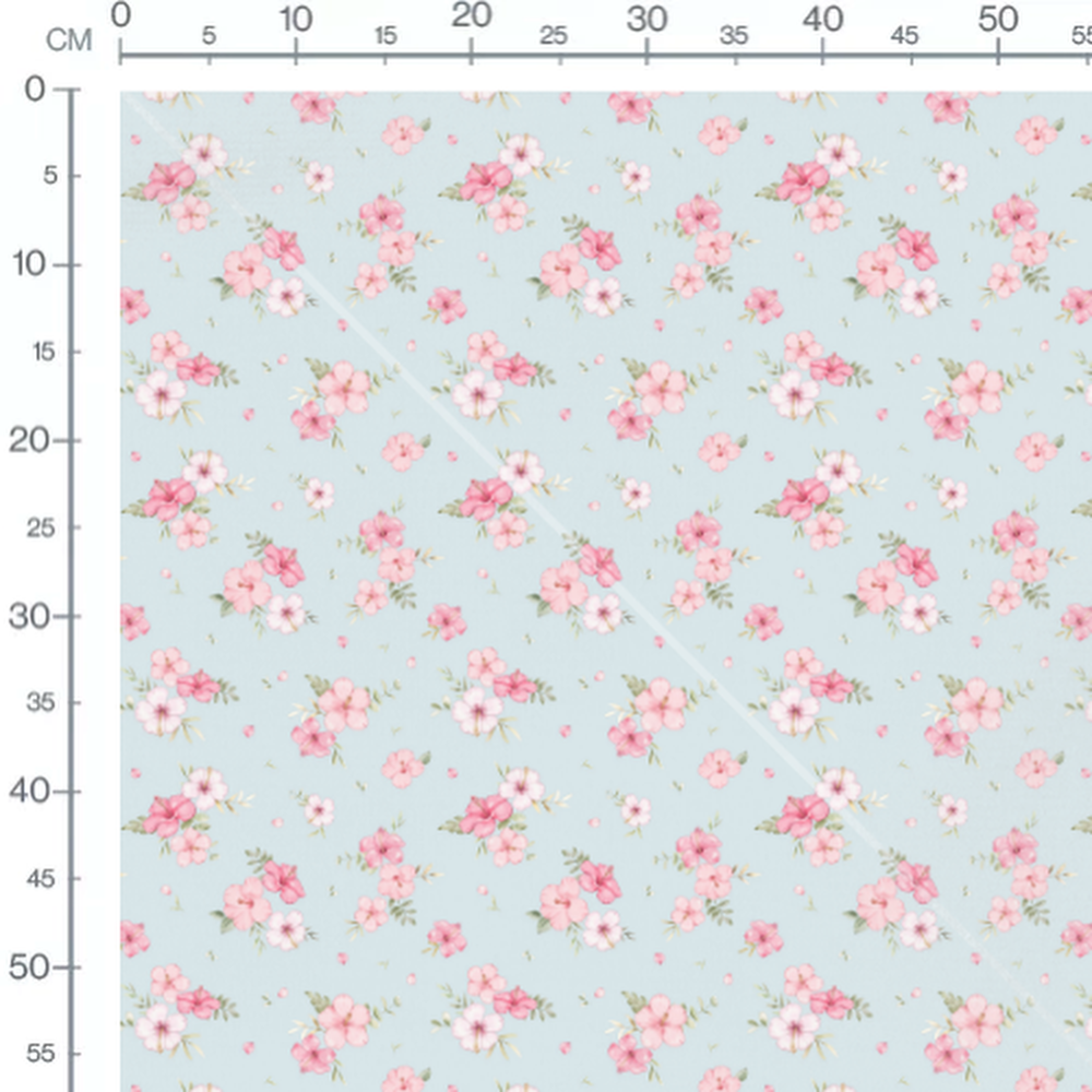 Tissu - Fleurs roses sur bleu clair