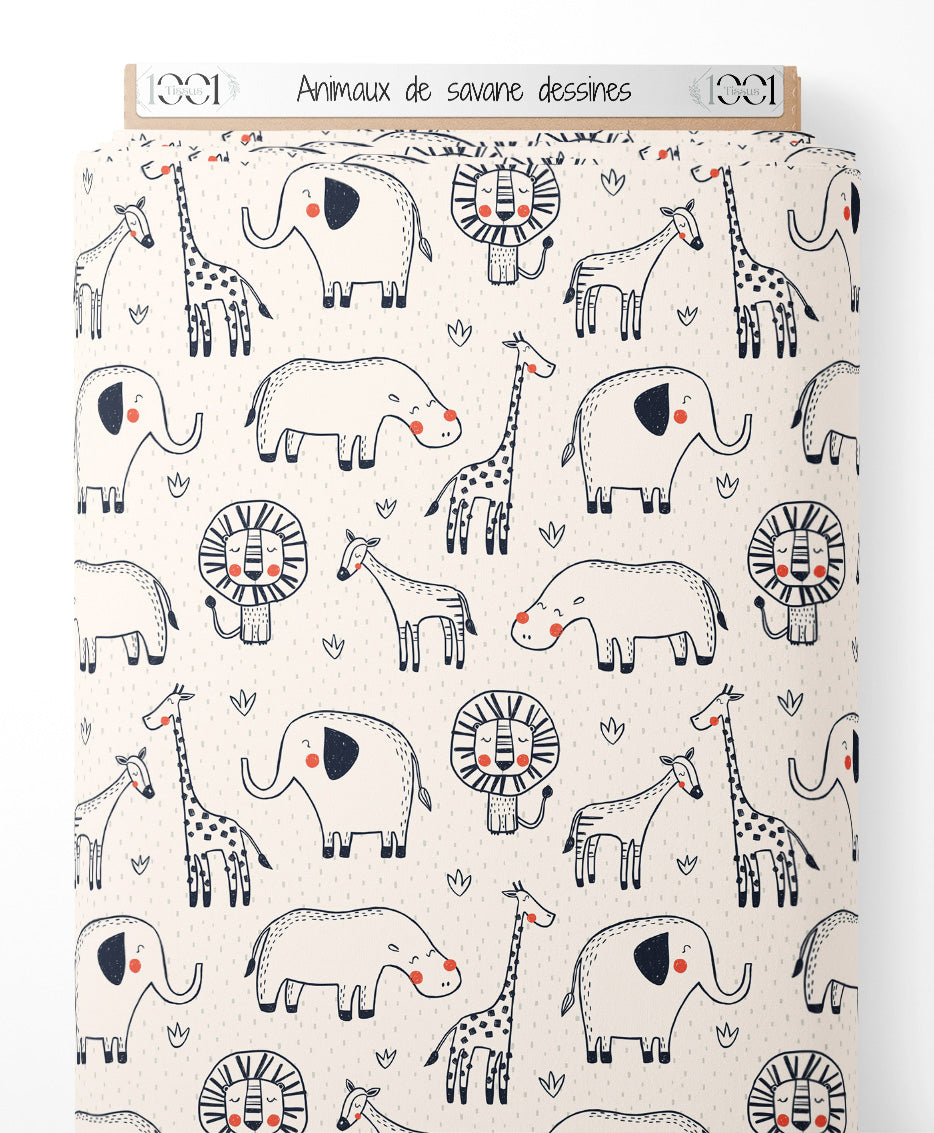 Tissu - Animaux de savane dessinés