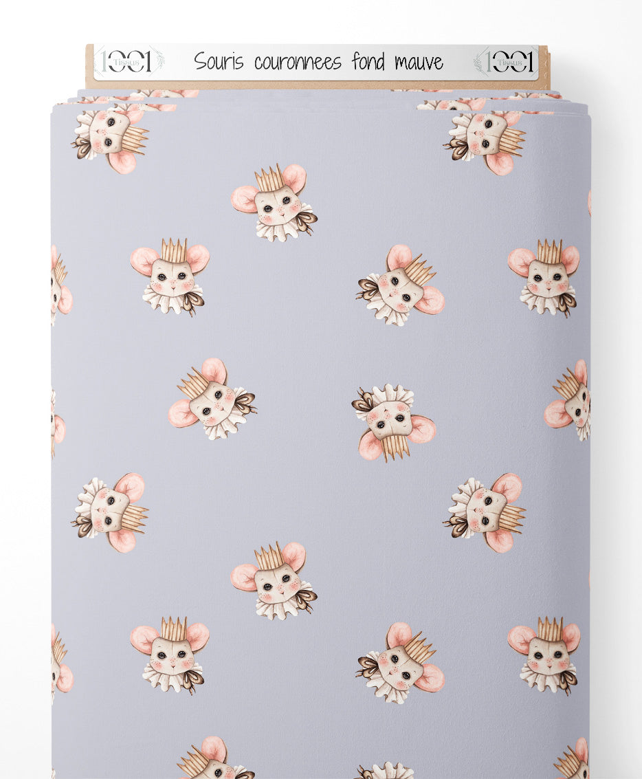 Tissu - Souris couronnées sur fond mauve