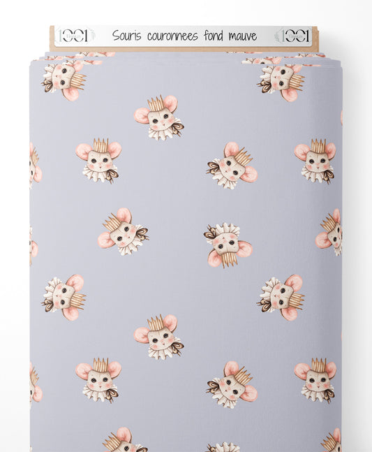 Tissu - Souris couronnées sur fond mauve