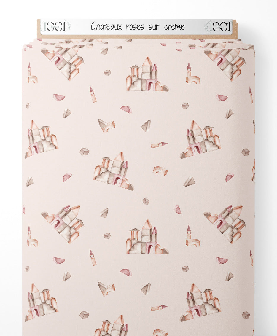 Tissu - Châteaux roses sur crème