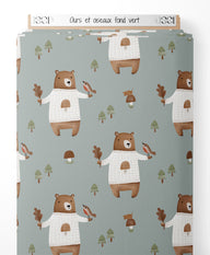Tissu - Ours et oiseaux sur fond vert