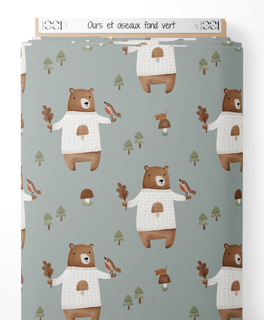 Tissu - Ours et oiseaux sur fond vert