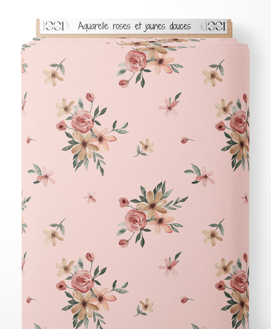 Tissu - Aquarelle roses et jaunes douces