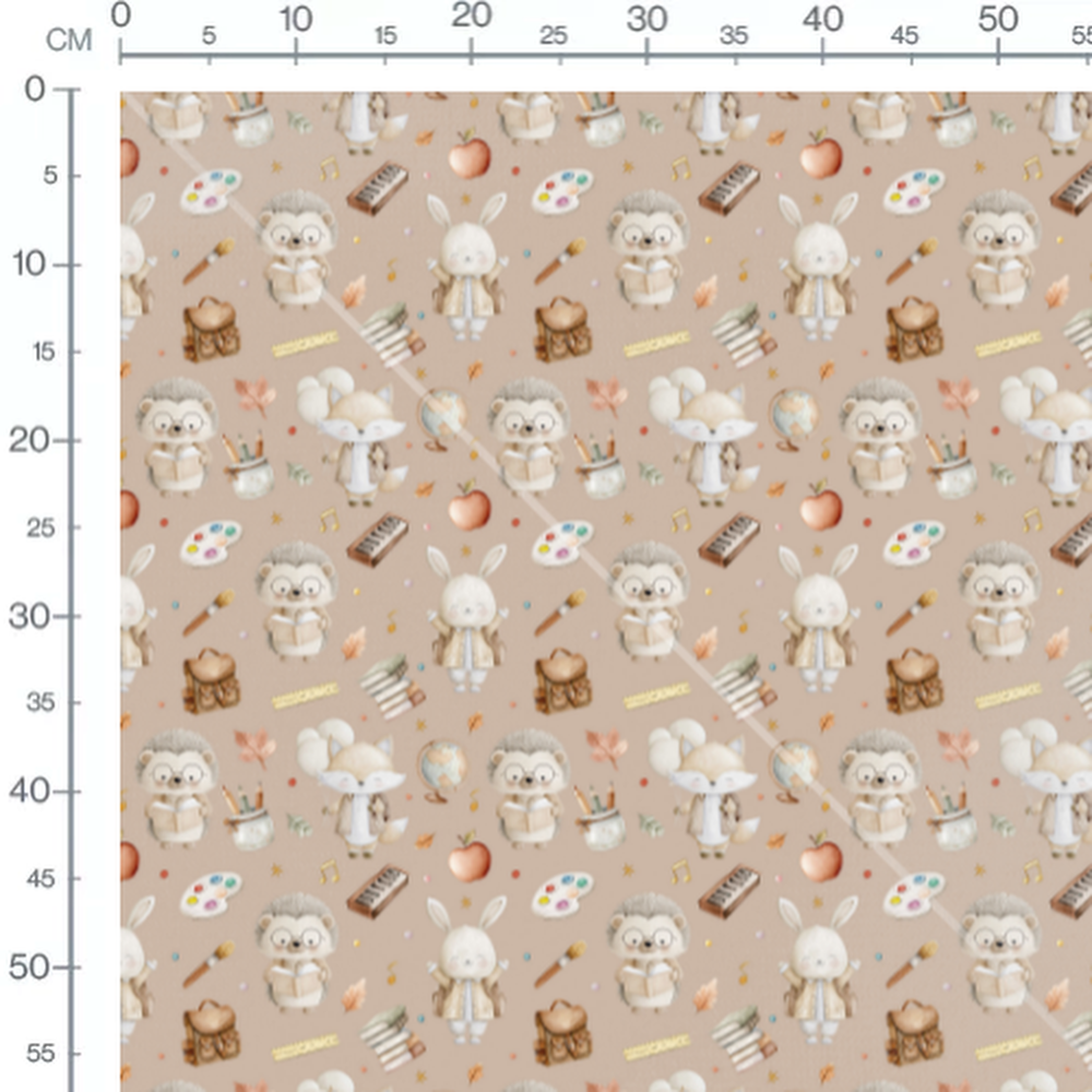 Tissu - Animaux écoliers sur fond beige