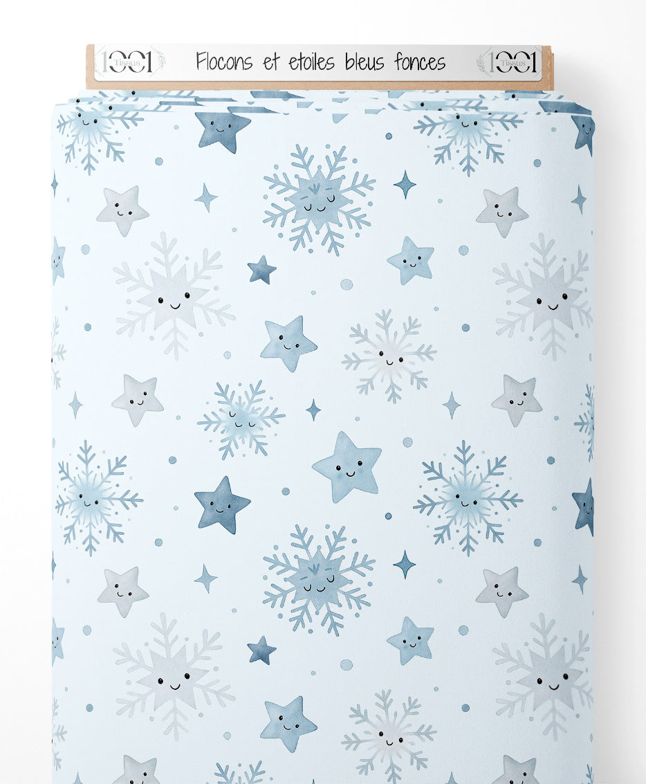 Tissu - Flocons et étoiles bleus foncés