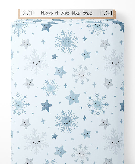 Tissu - Flocons et étoiles bleus foncés