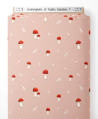 Tissu - Champignons et feuilles blanches 3