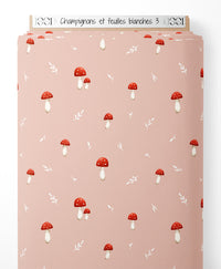 Tissu - Champignons et feuilles blanches 3