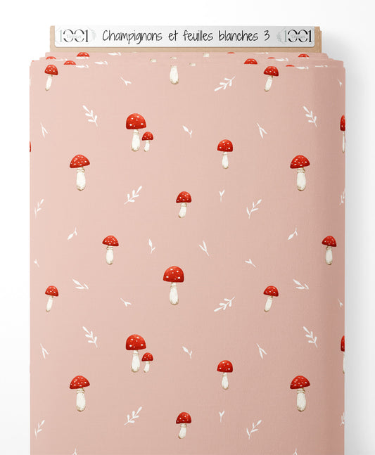 Tissu - Champignons et feuilles blanches 3