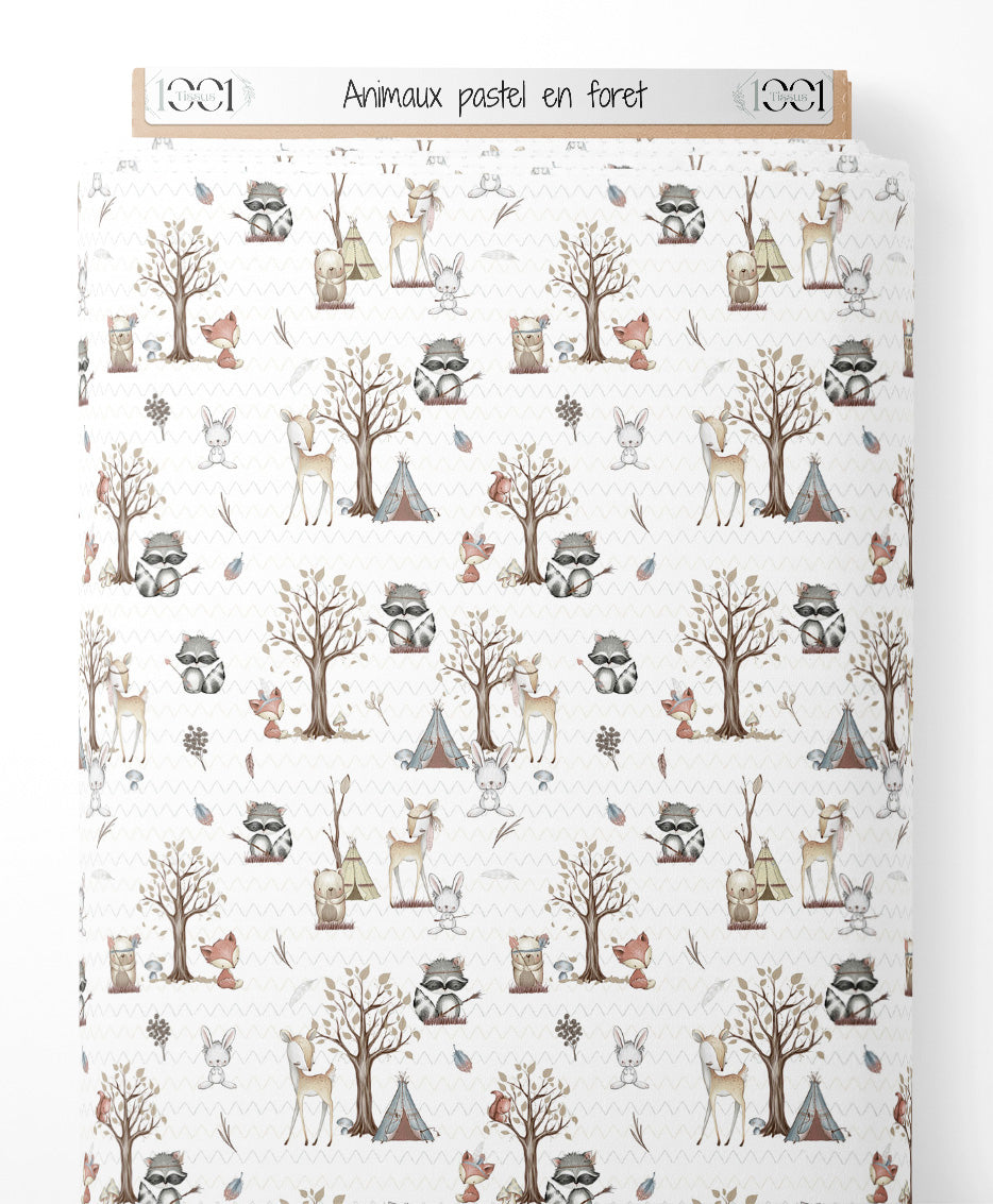 Tissu - Animaux pastel en forêt