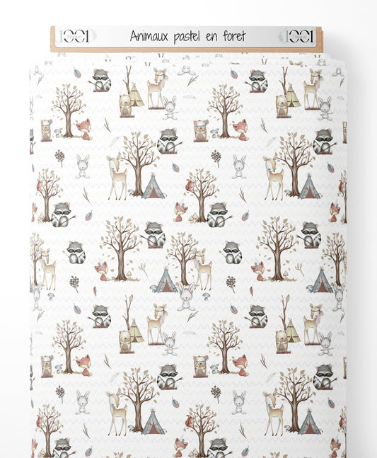Tissu - Animaux pastel en forêt