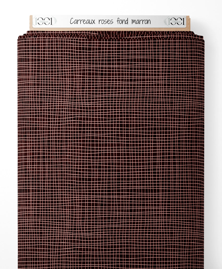 Tissu - Carreaux roses sur fond marron