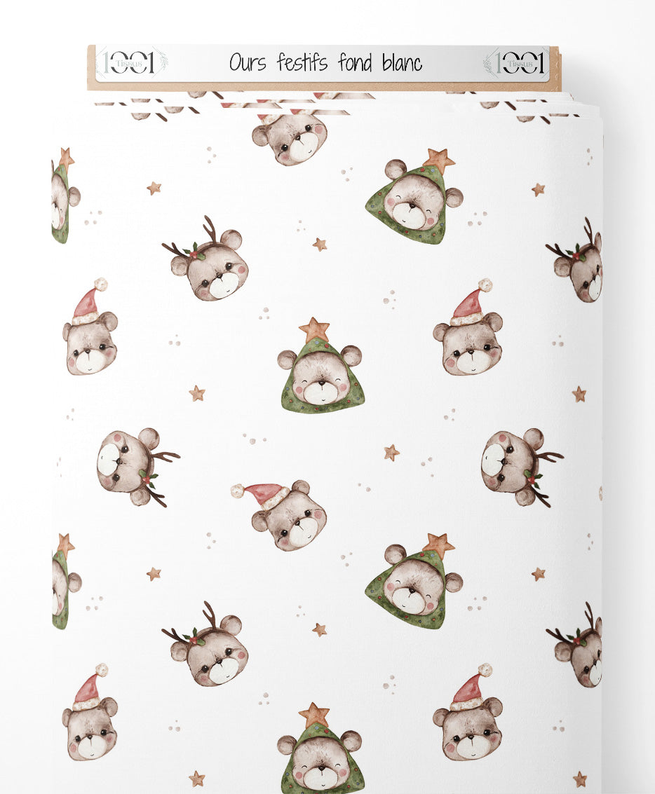 Tissu - Ours festifs sur fond blanc