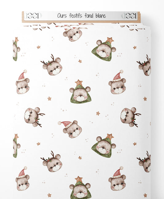 Tissu - Ours festifs sur fond blanc